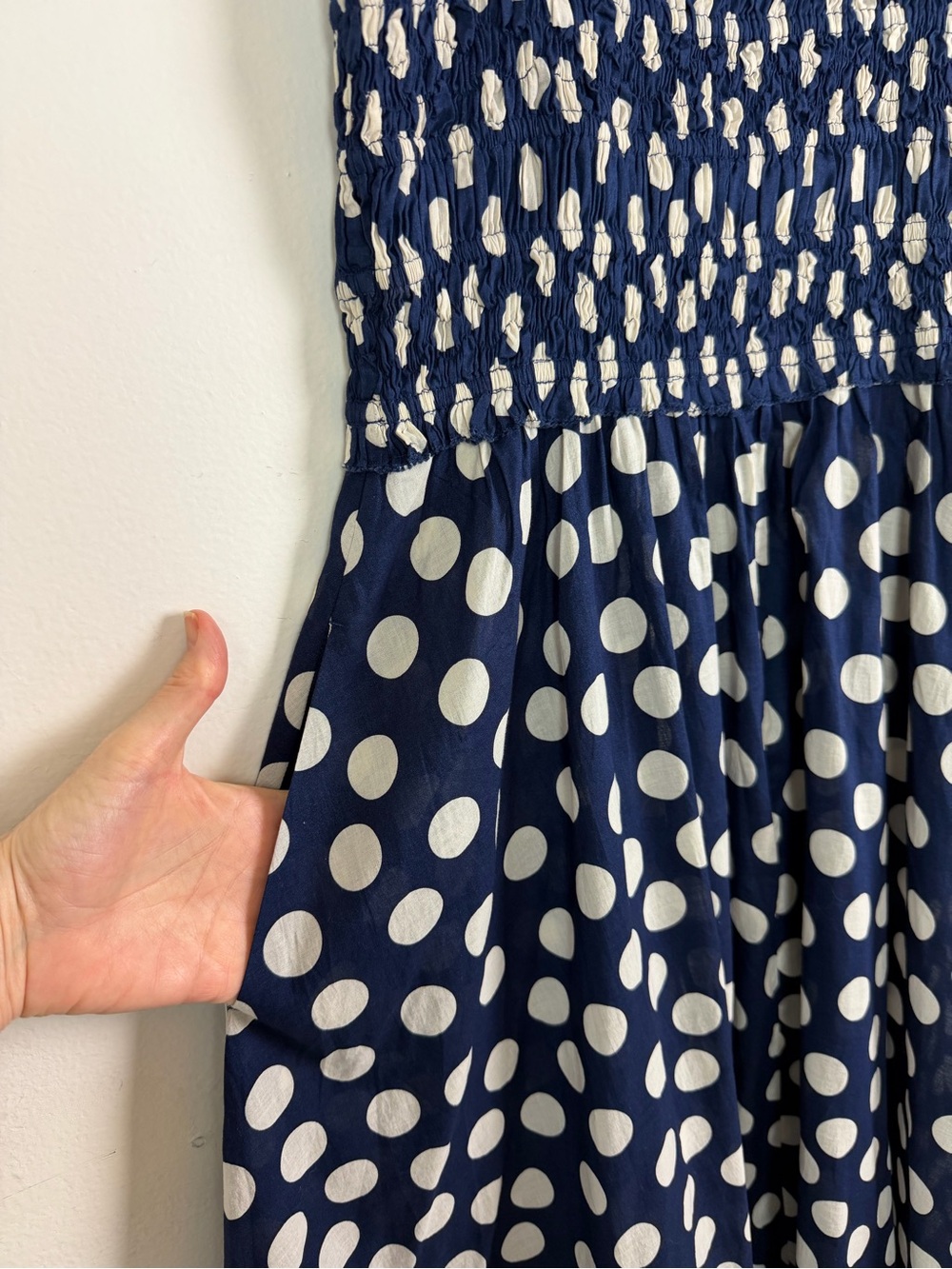 J. Crew Smocked Maxi Dress with Straps in Cotton Voile Navy Polka Dot Size S - Picture 7 of 13